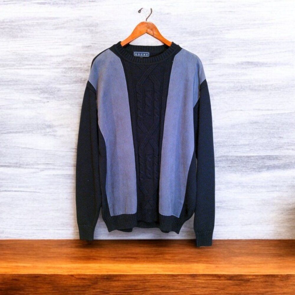 Gochu Men Sweater Size M Cable Knit Black and Grey Colorblock with Suede